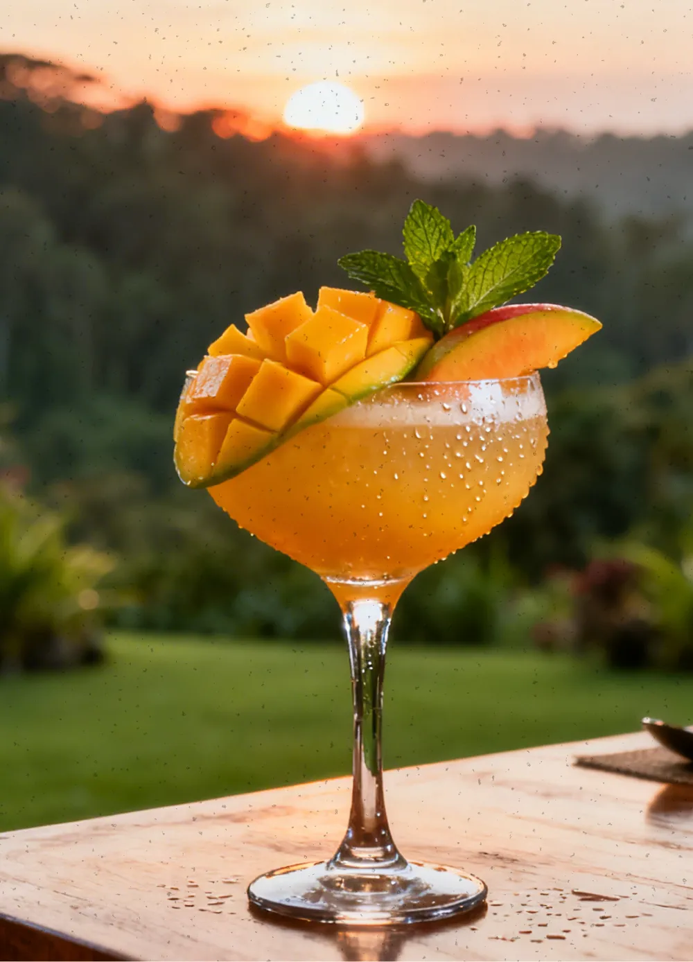Tropical mango cocktail garnished with fresh mango cubes, a lime wedge, and mint leaves on a wooden surface with a sunset background.