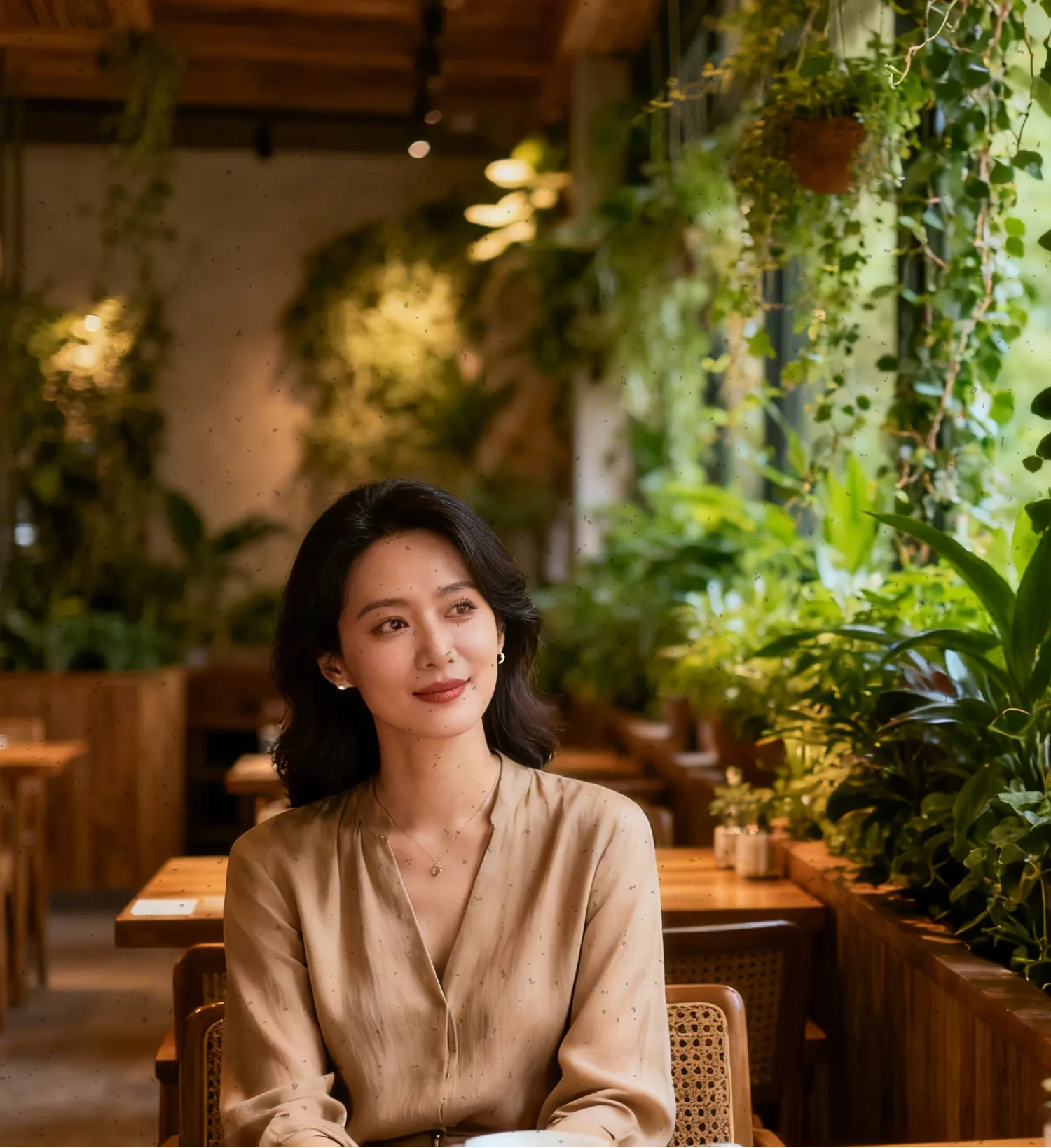 Woman with dark hair sitting in a cozy cafe surrounded by green plants, looking thoughtfully to the side.