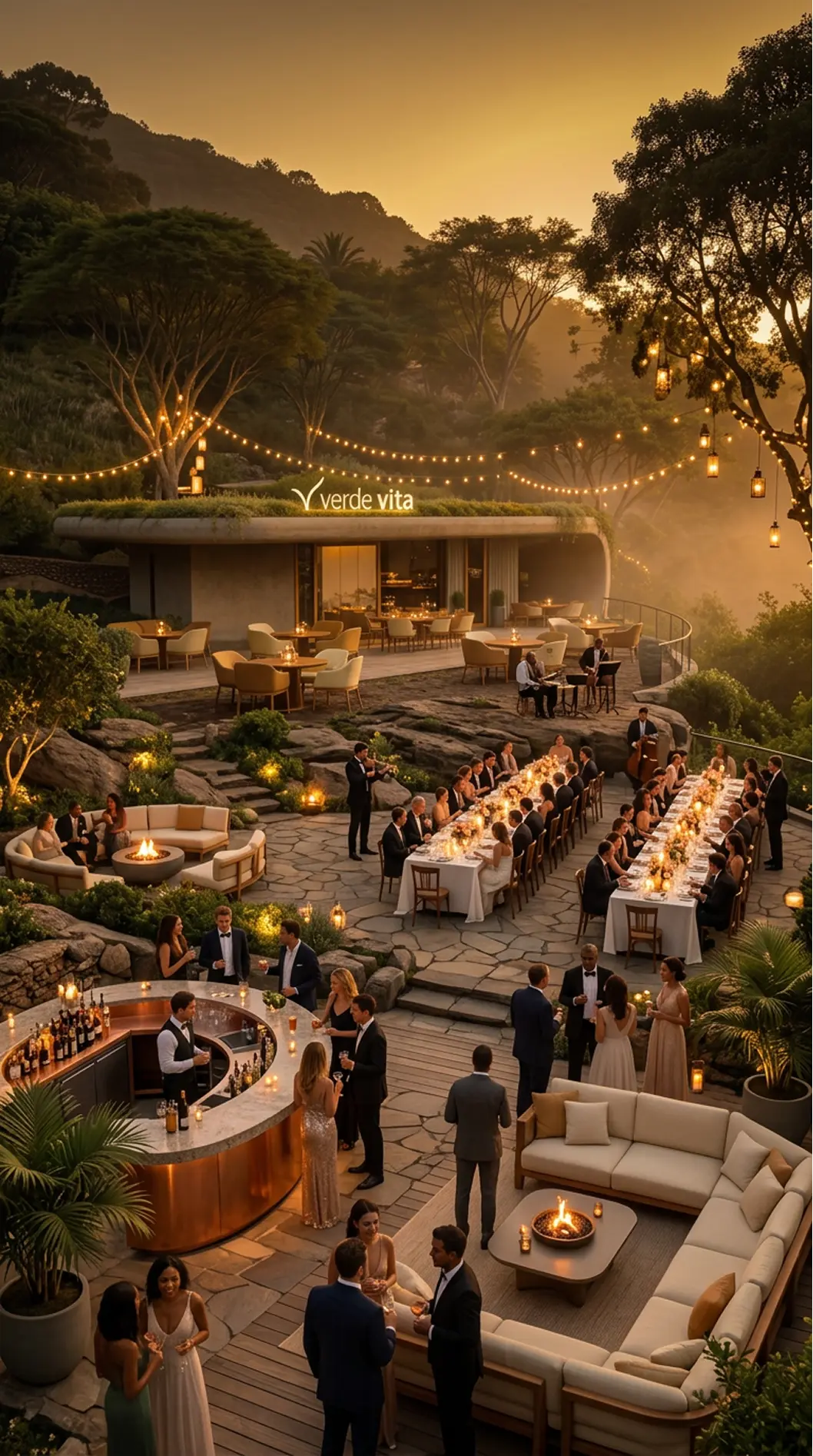 Elegant outdoor evening party with guests in formal attire, lit tables, string lights, and live musicians at a venue named Verde Vita.