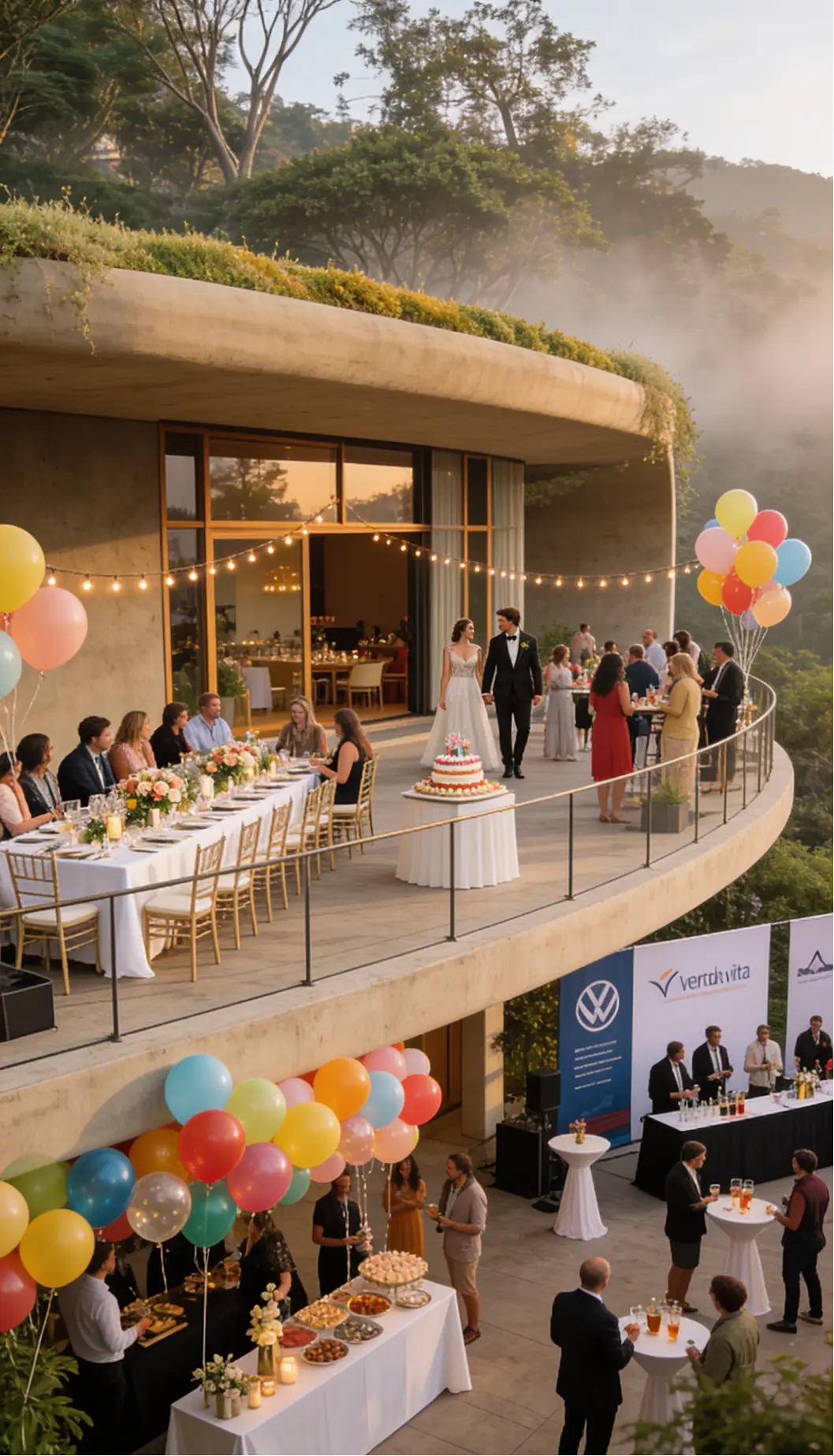 Outdoor wedding reception on a curved balcony with guests seated at a long table, a bride and groom holding hands near a decorated cake, string lights, colorful balloons, and a buffet and bar area below.