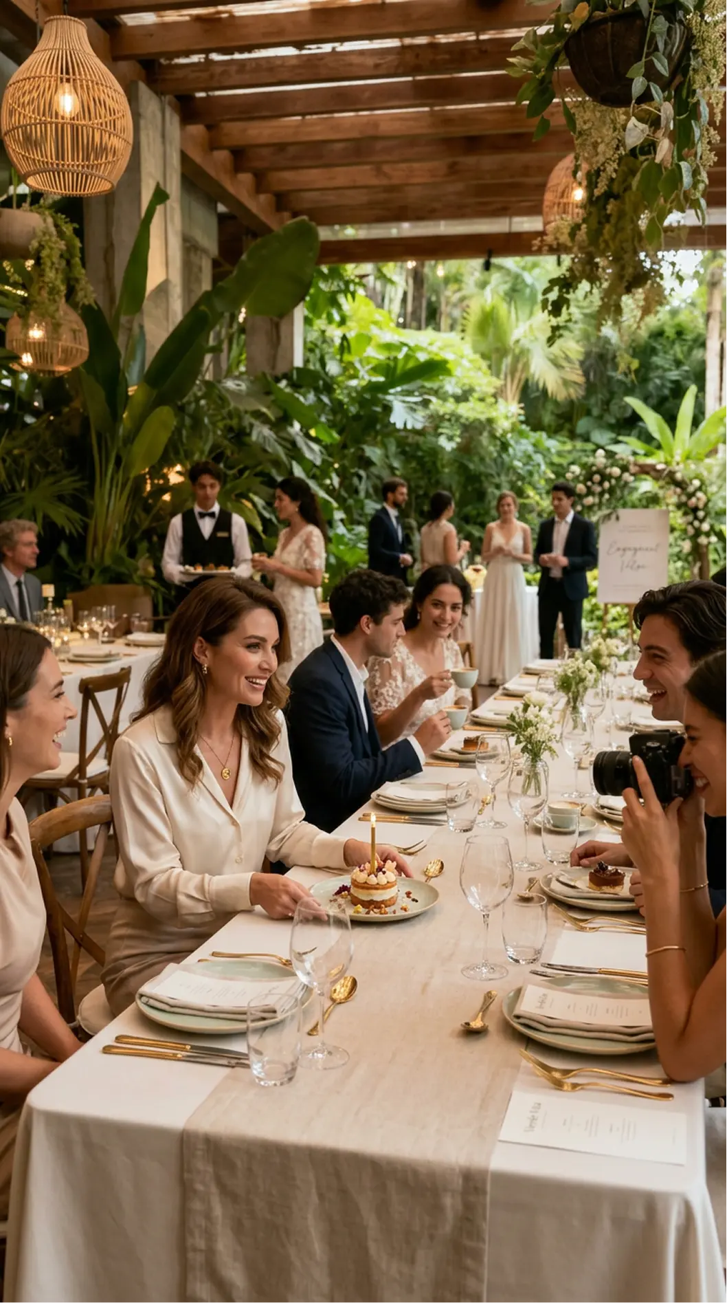 People enjoying a formal outdoor celebration at a long table decorated with white tablecloth, gold cutlery, and flowers in a lush garden setting.