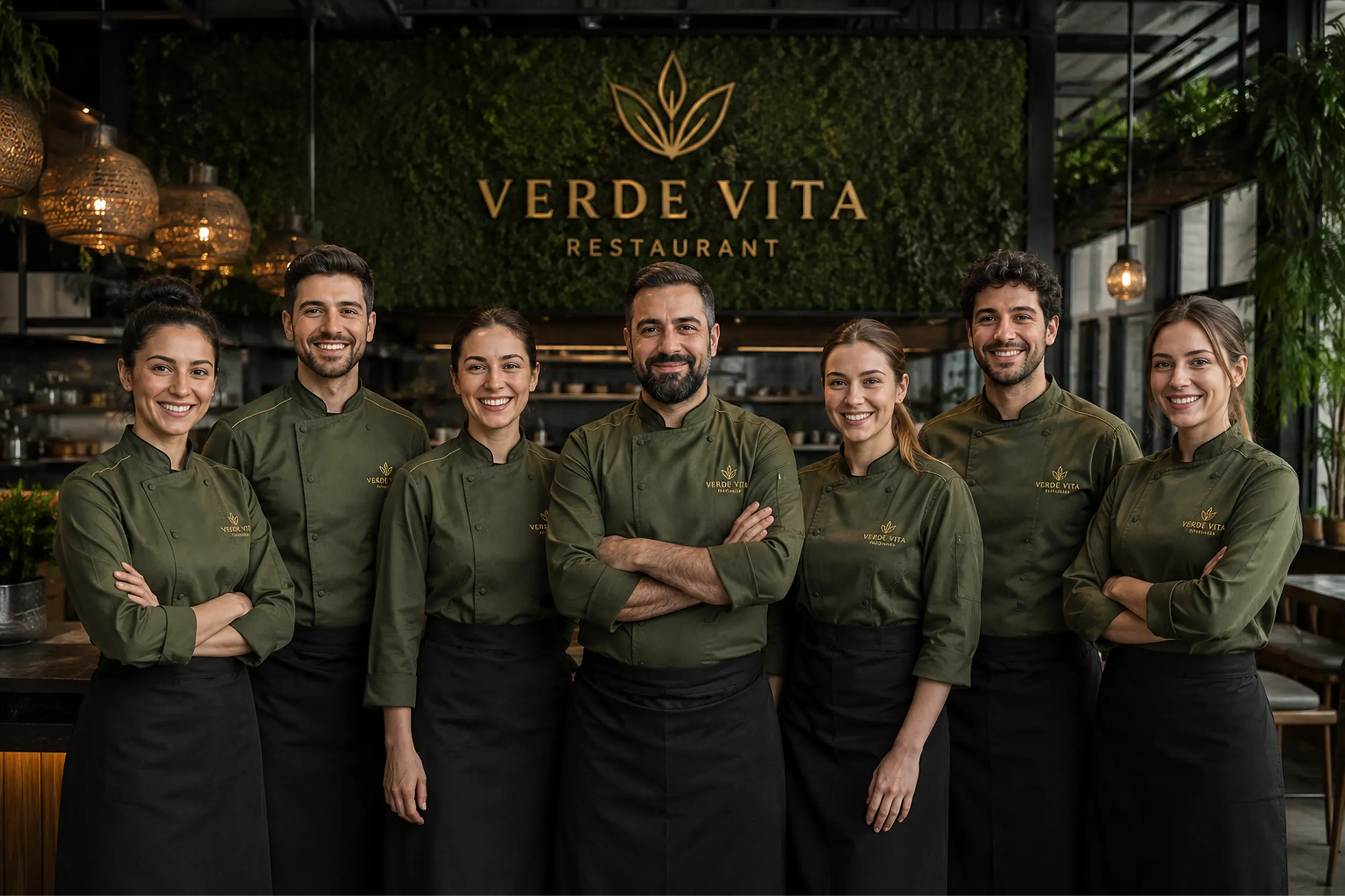 Seven smiling restaurant staff members in green uniforms and black aprons standing side by side inside Verde Vita Restaurant.