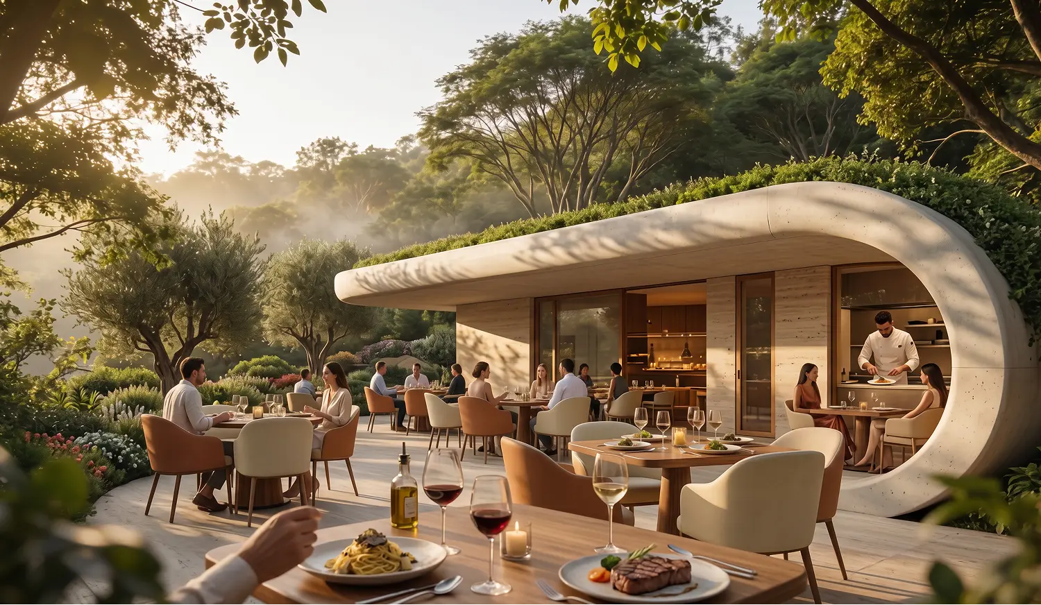 Outdoor dining area with people enjoying meals surrounded by lush greenery in a modern garden setting.