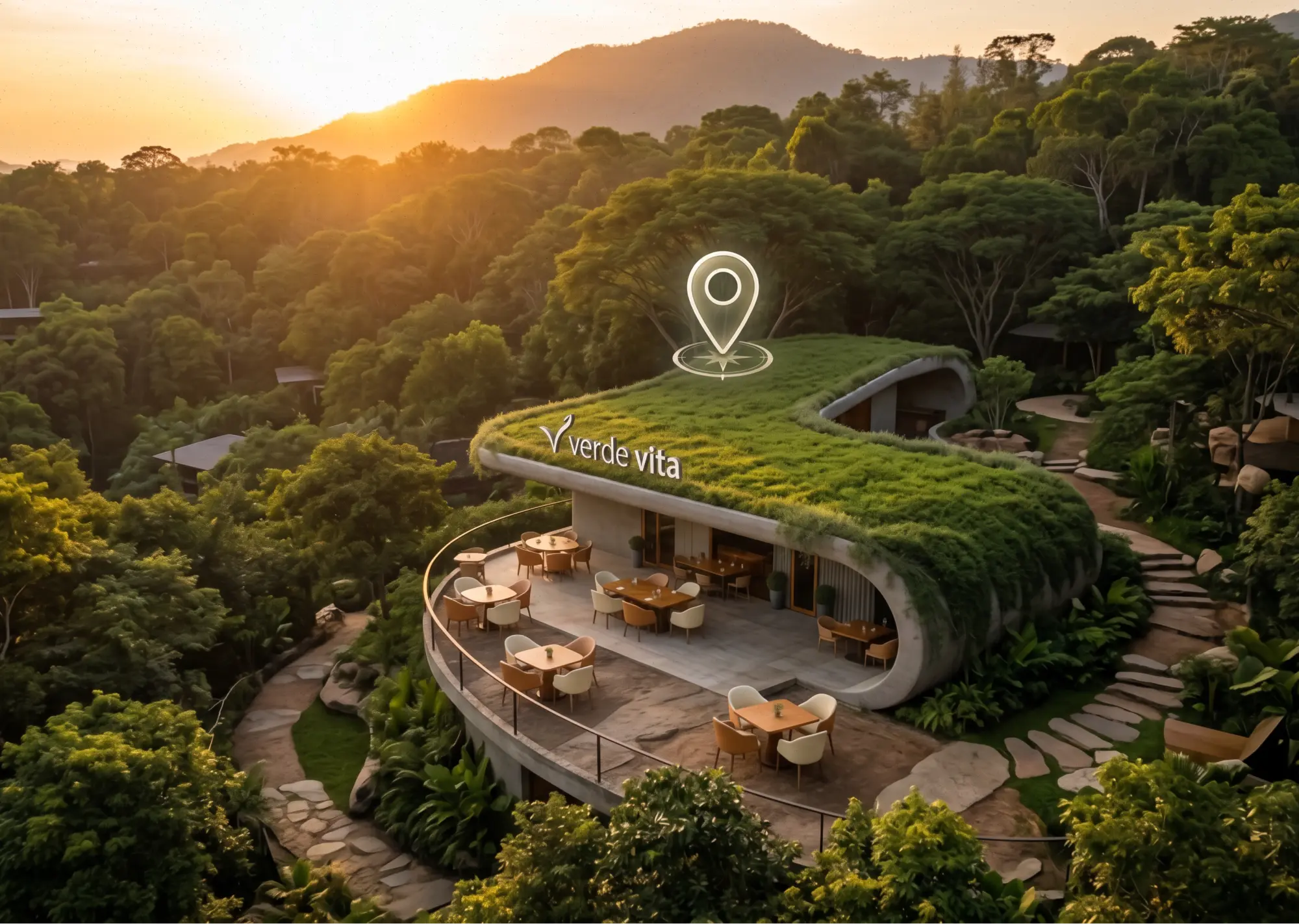 Modern outdoor cafe with curved green roof surrounded by trees at sunset in a mountainous area.