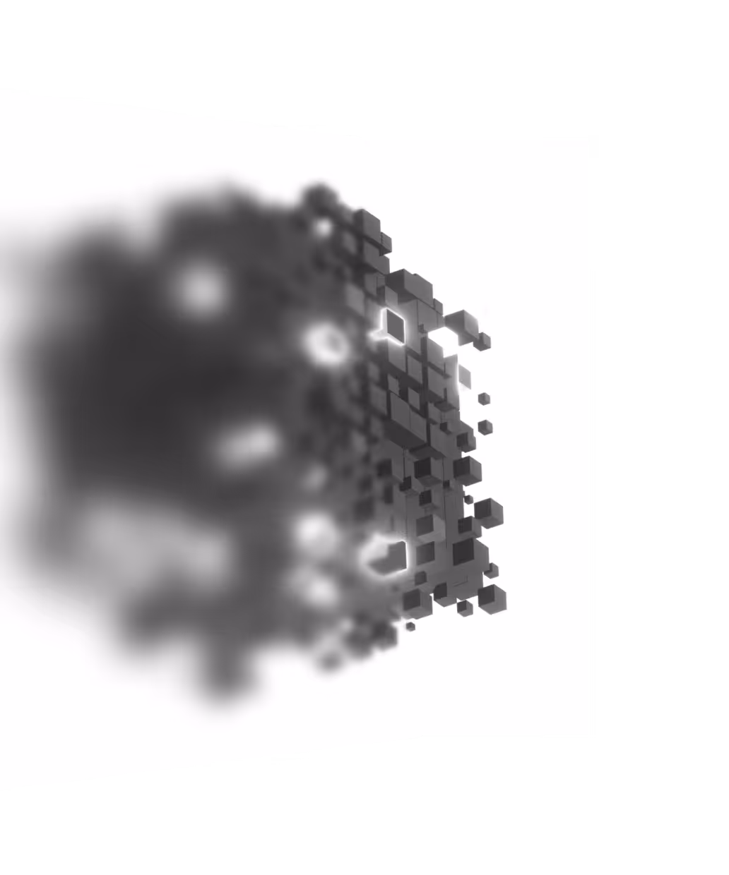 Abstract 3D array of dark cubes with some cubes glowing white on a white background.