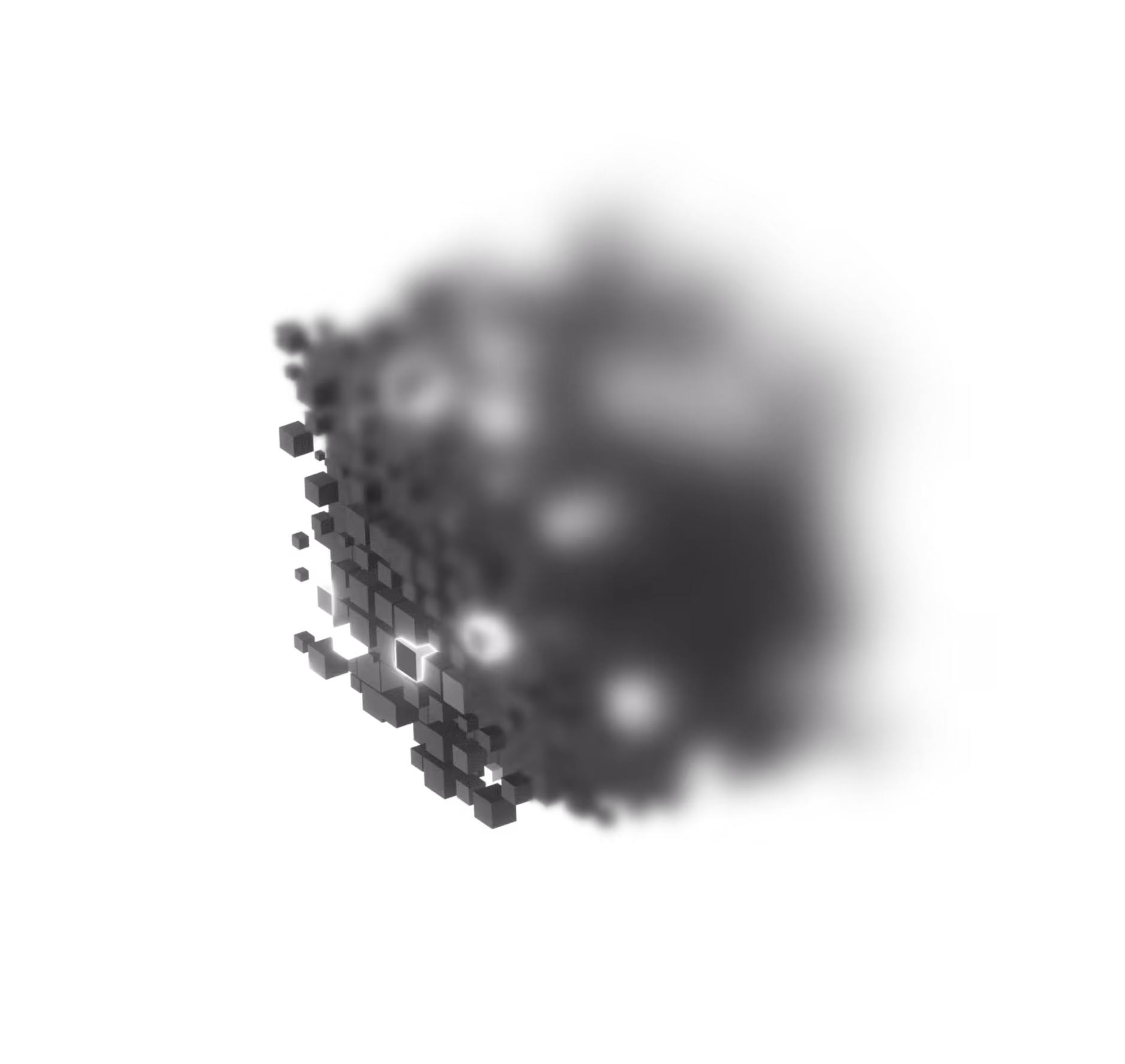 Abstract 3D cluster of black cubes on a white background with blurred edges.
