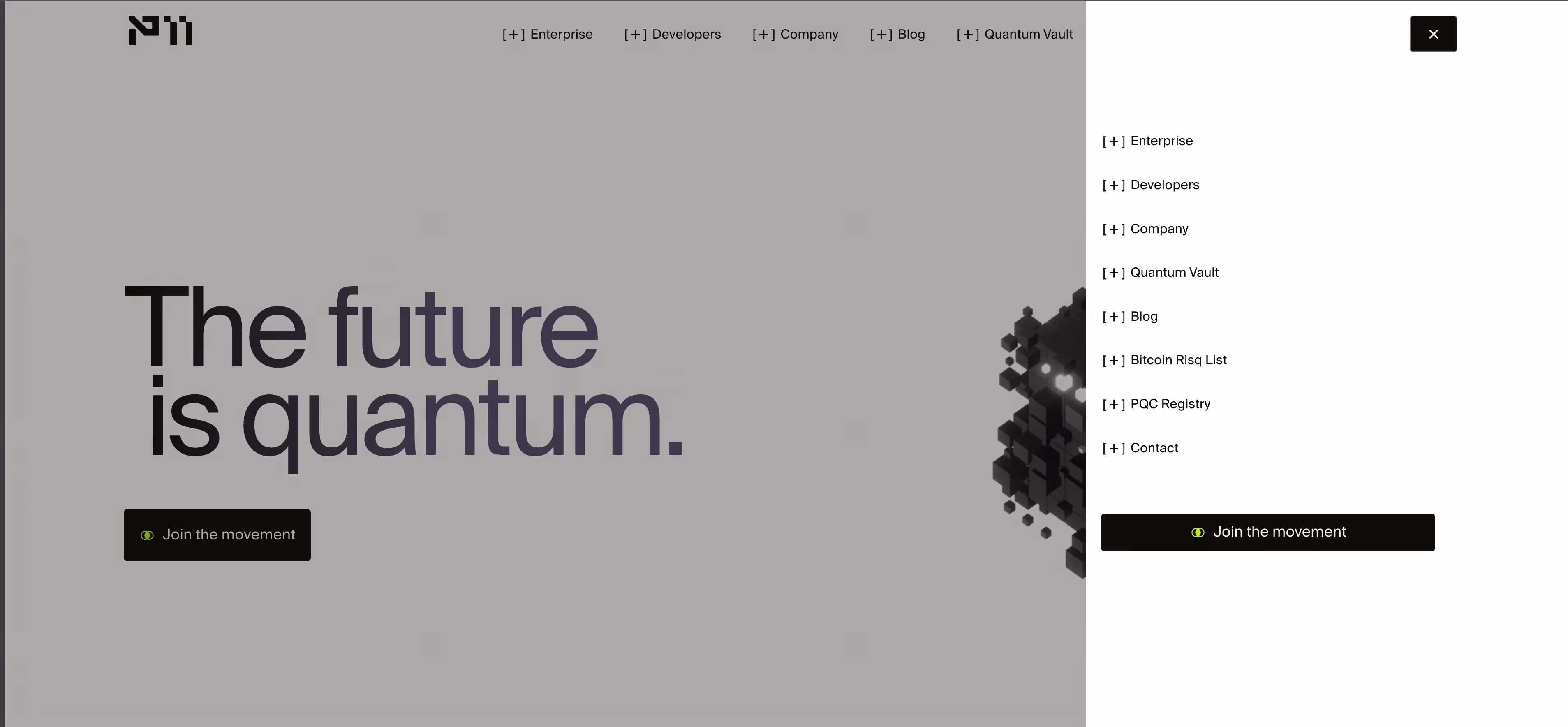 Website interface with text 'The future is quantum.' and menu options including Enterprise, Developers, Company, Blog, Quantum Vault, Bitcoin Risq List, PQC Registry, and Contact, plus a 'Join the movement' button.