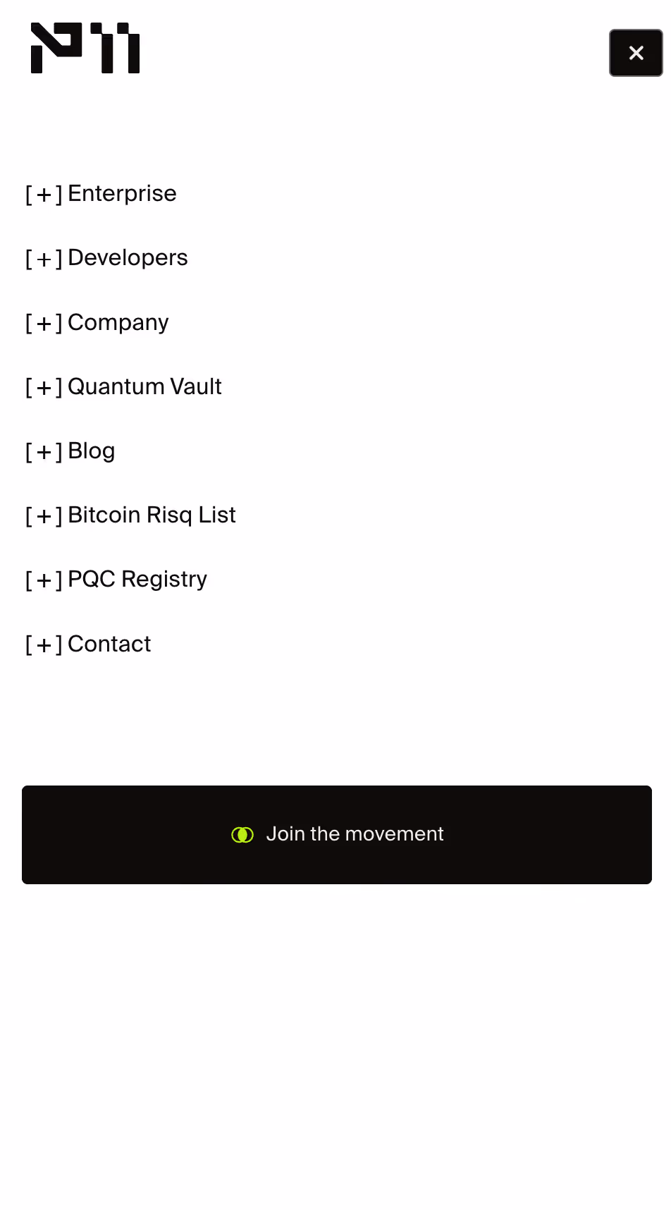 Website menu with expandable sections for Enterprise, Developers, Company, Quantum Vault, Blog, Bitcoin Risq List, PQC Registry, and Contact, and a black button labeled 'Join the movement'.
