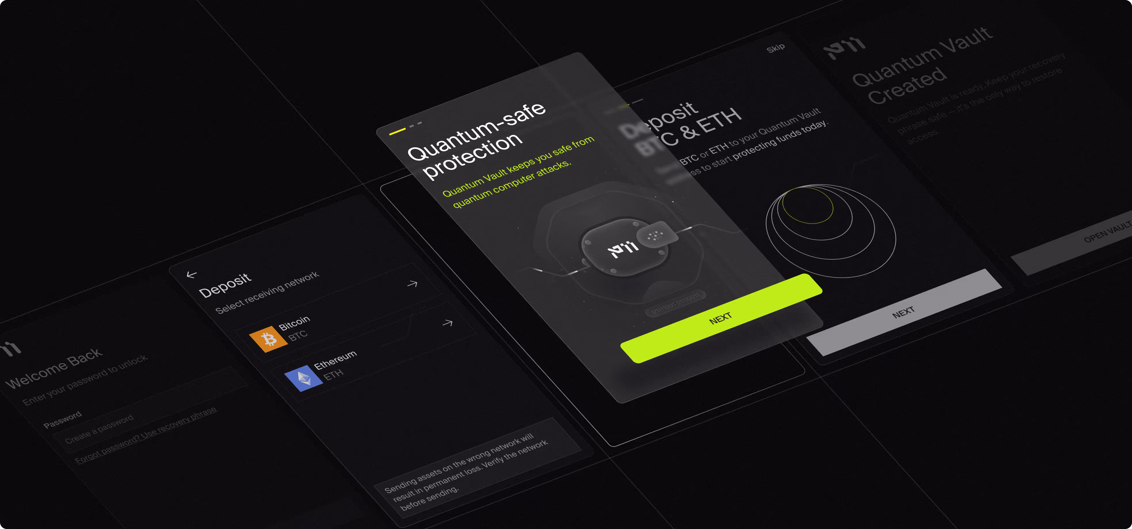 Dark UI screens showing cryptocurrency deposit options, quantum-safe protection info, and vault creation steps.