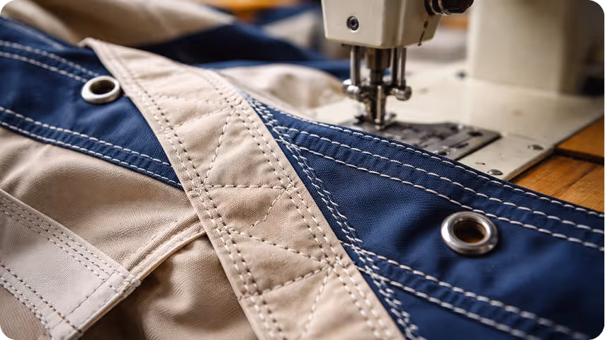 Close-up of beige and navy fabric with metal grommets being sewn on a sewing machine.
