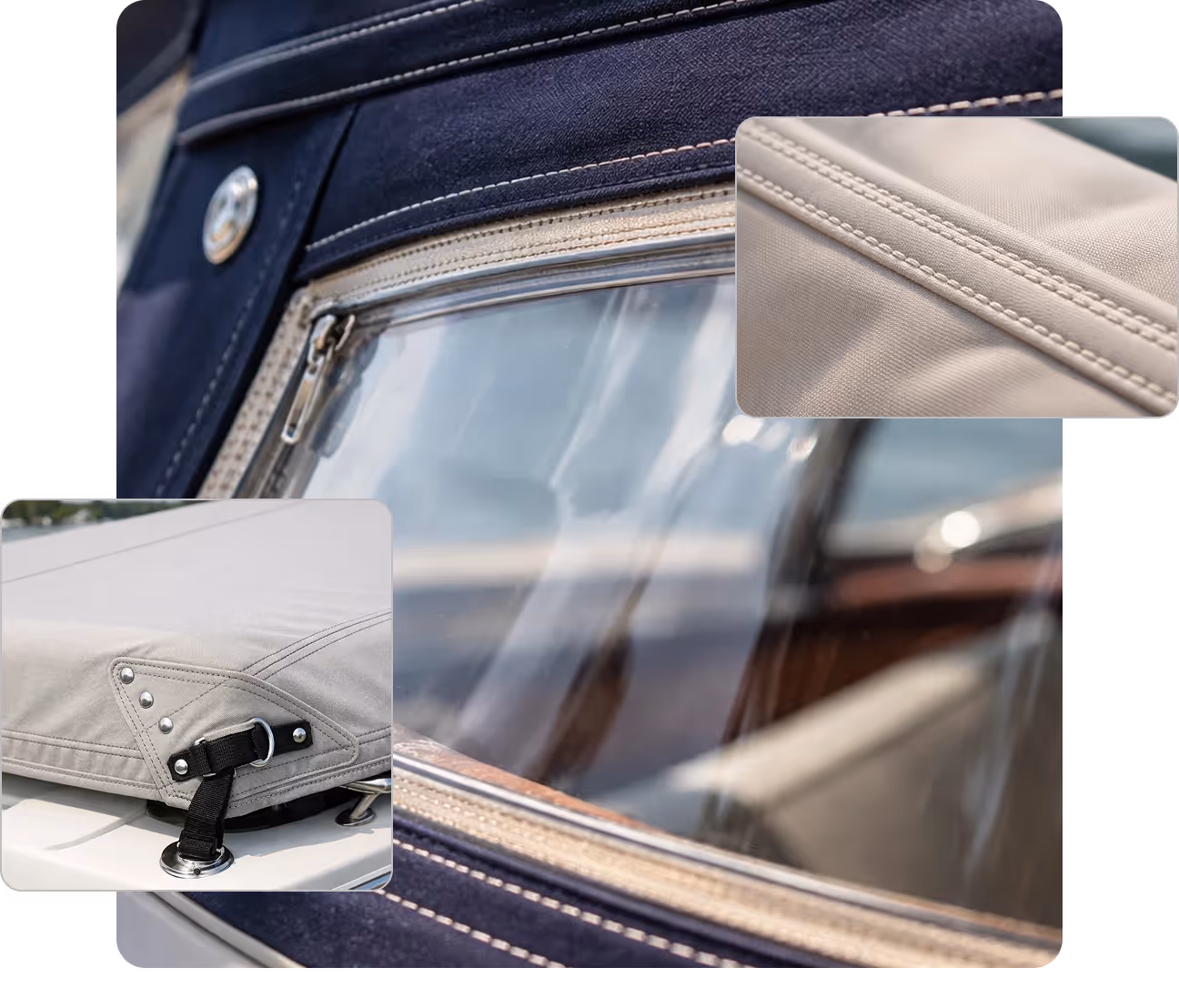 Close-up of beige and navy boat canvas with stitching details and a zipper window, including strap buckles and fasteners.
