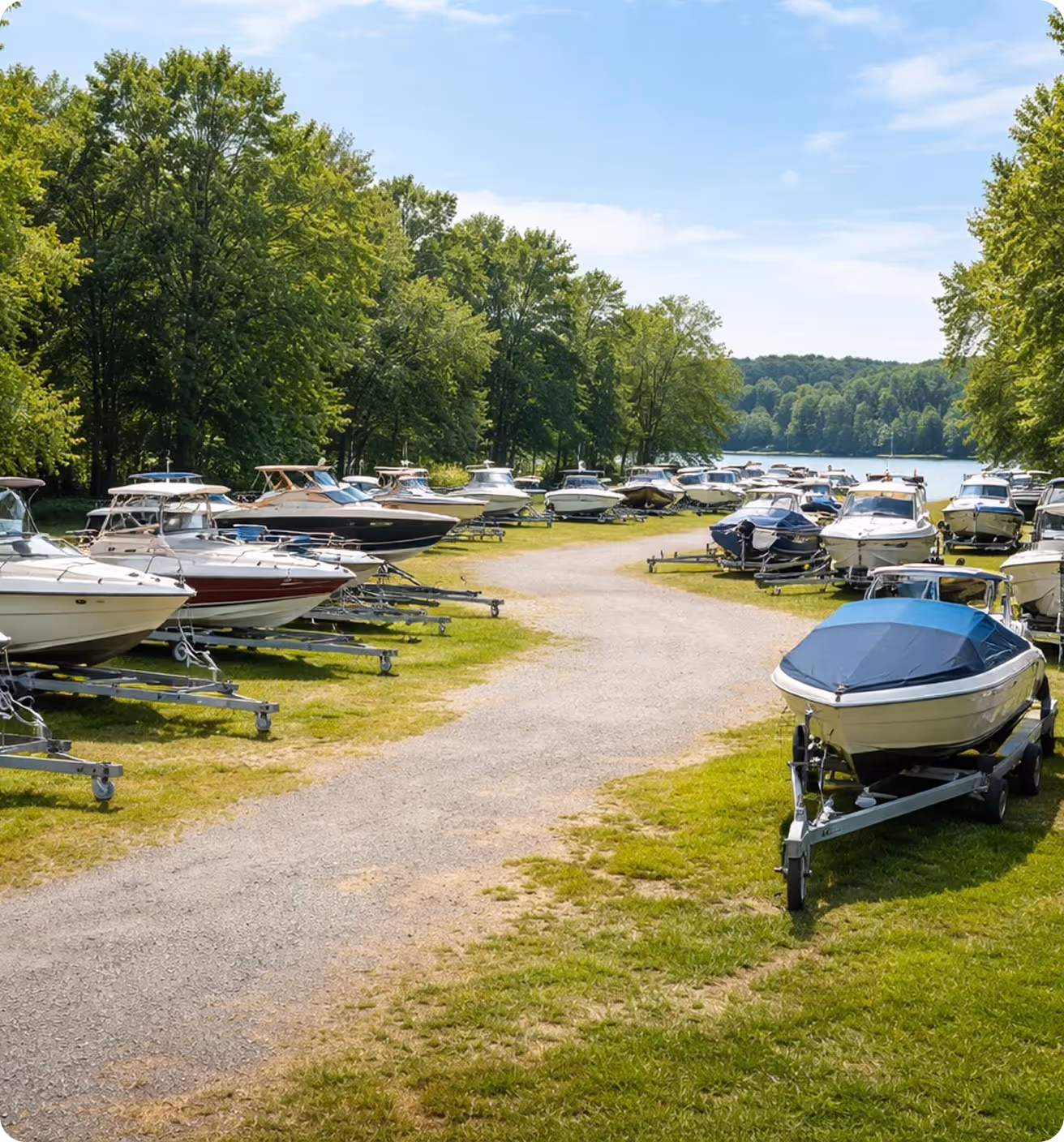Rows of motorboats on trailers parked on grass alongside a gravel road near a lake with trees in the background.