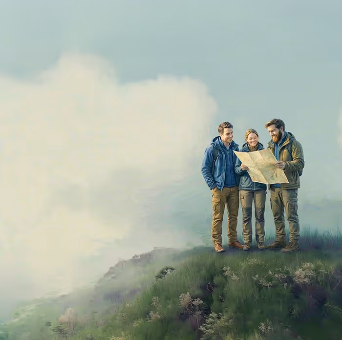 Tre personer står på ett berg och studerar en karta med dimmig dal i bakgrunden.