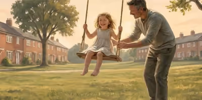 Man skjuter en glad flicka på en gunga i ett villaträdgård omgivet av rödstensvillor.