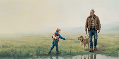 Äldre man och liten pojke leker med hund i vattenpöl på landsbygd