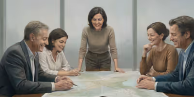 Fem affärspersoner diskuterar kring ett bord med dokumentation i konferensmöte.