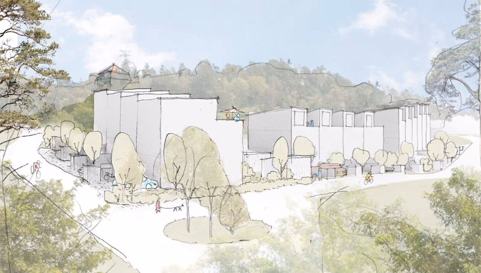 Arkitekturskiss av modern byggnad omgiven av träd och gröna ytor