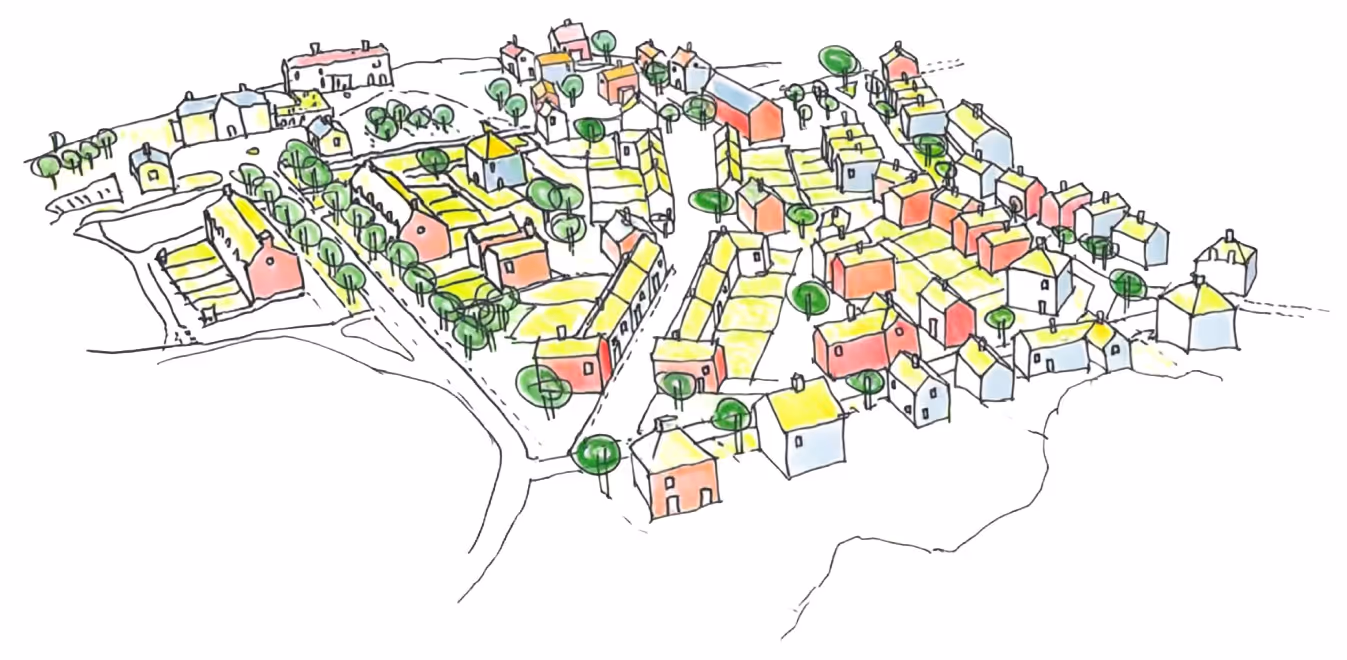 Illustrerad birdseye-vy av ett färgglatt stadssamhälle med hus, vägar och gröna träd.