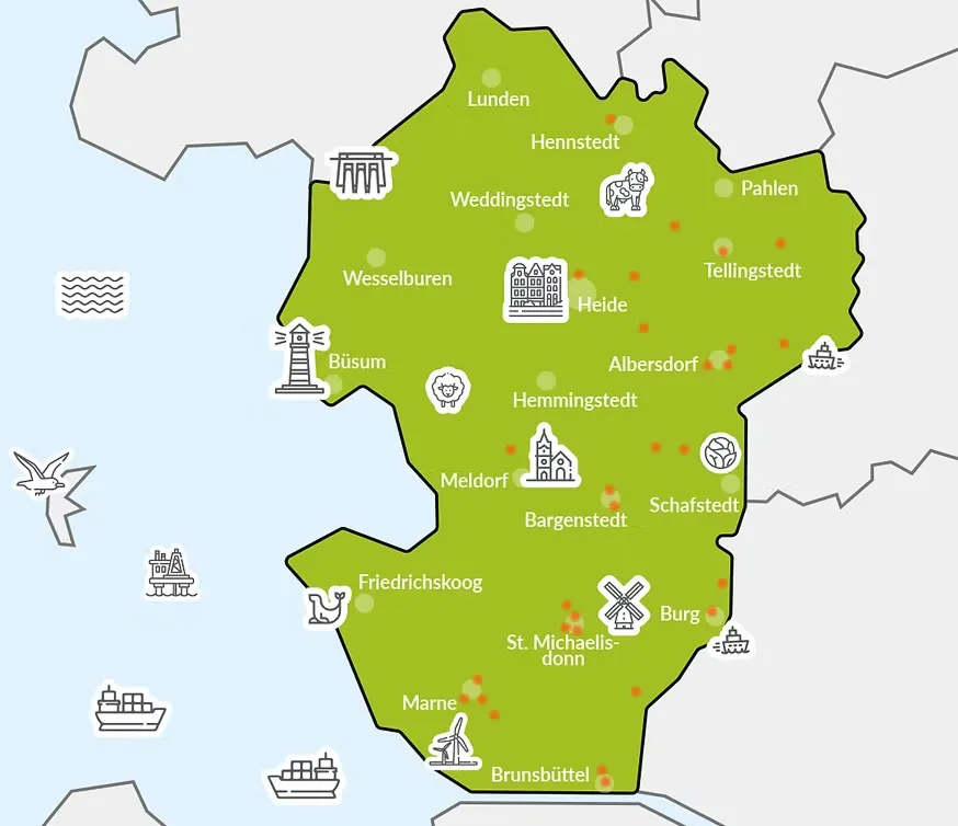 Karte von Dithmarschen mit allen Kindertagespflegepersonen