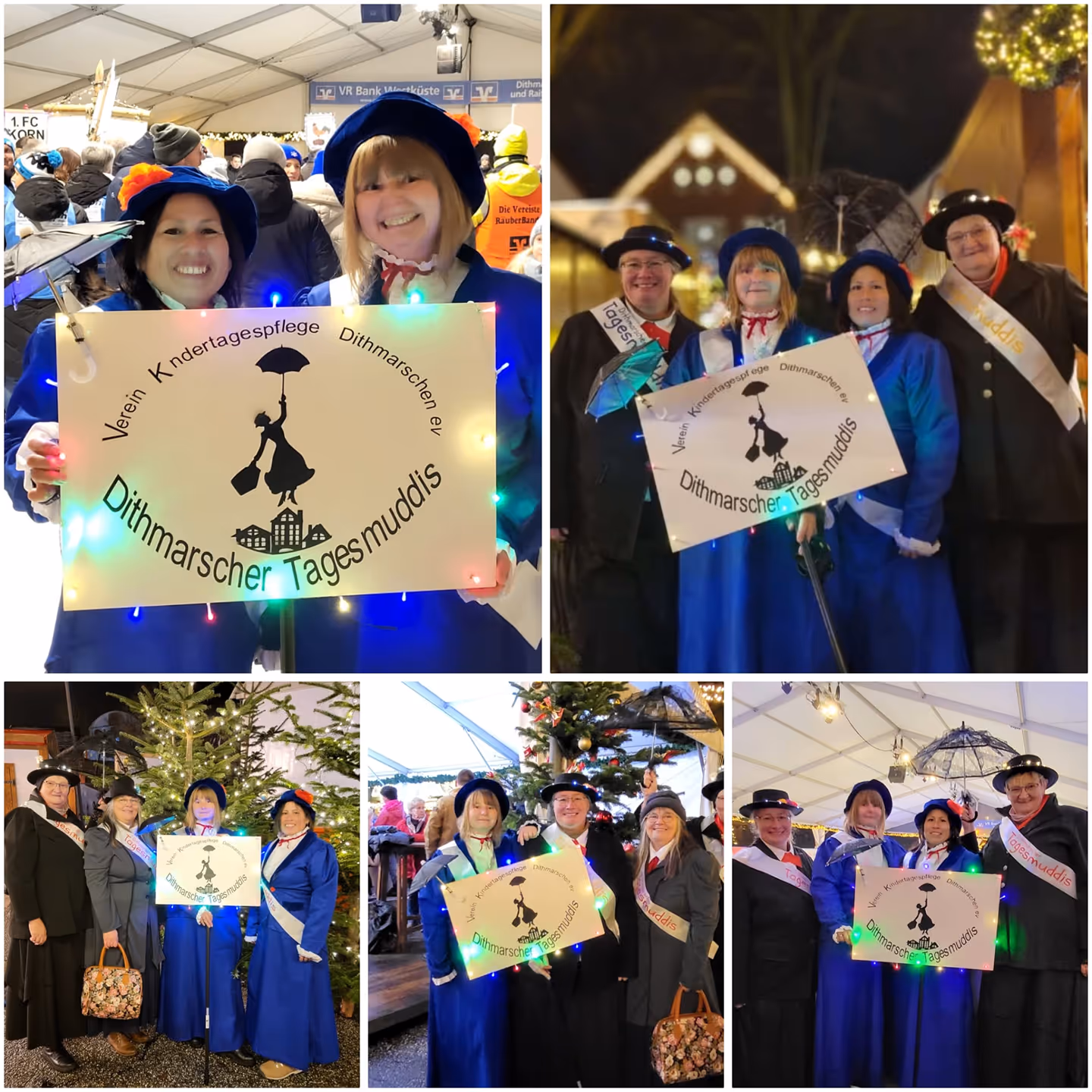 Mehrere Fotos zeigen eine Gruppe von Menschen in blauen Kostümen mit Hüten, die bei einem festlichen Winterevent ein Schild mit dem Text ‚Dithmarscher Tagesmuddis‘