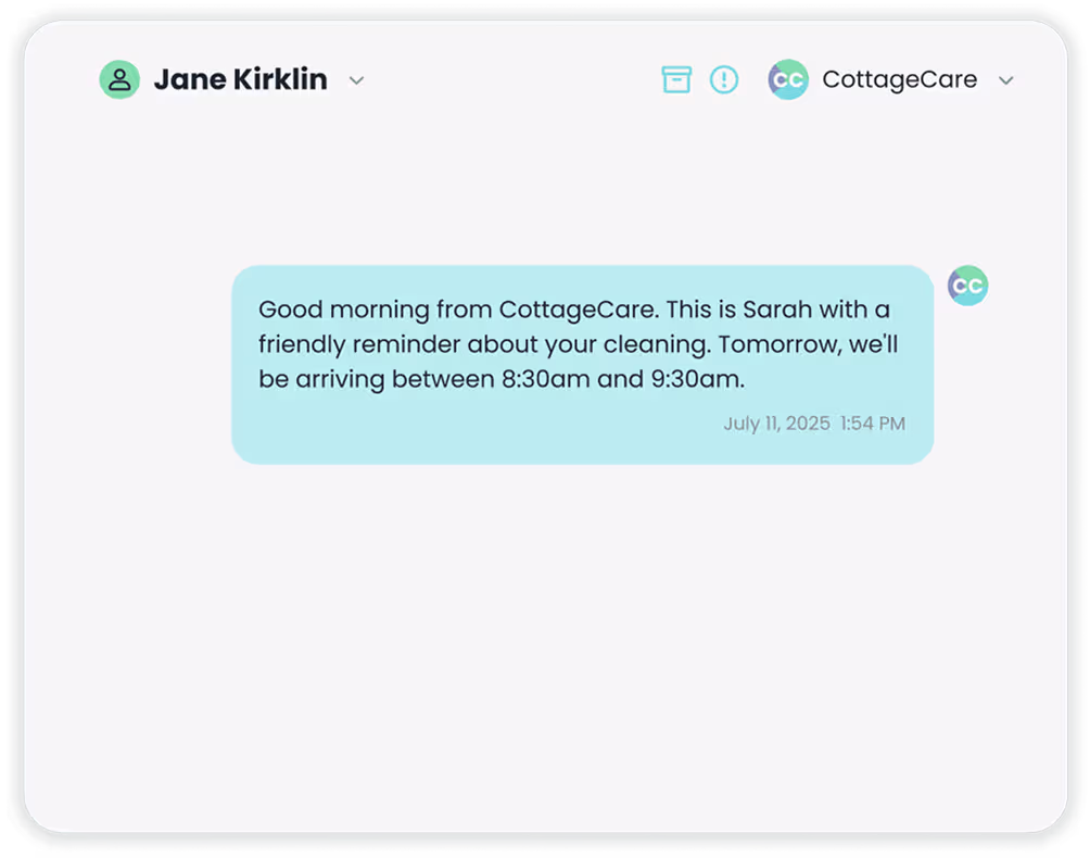CottageCare messaging interface showing a customer appointment reminder text from Sarah, notifying Jane Kirklin of a cleaning arrival window of 8:30–9:30am the following day.