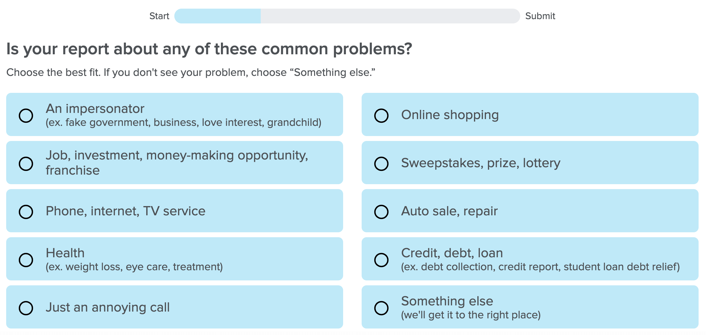 a preview of the questions you'll be prompted to answer on the FTC website while reporting spam texts