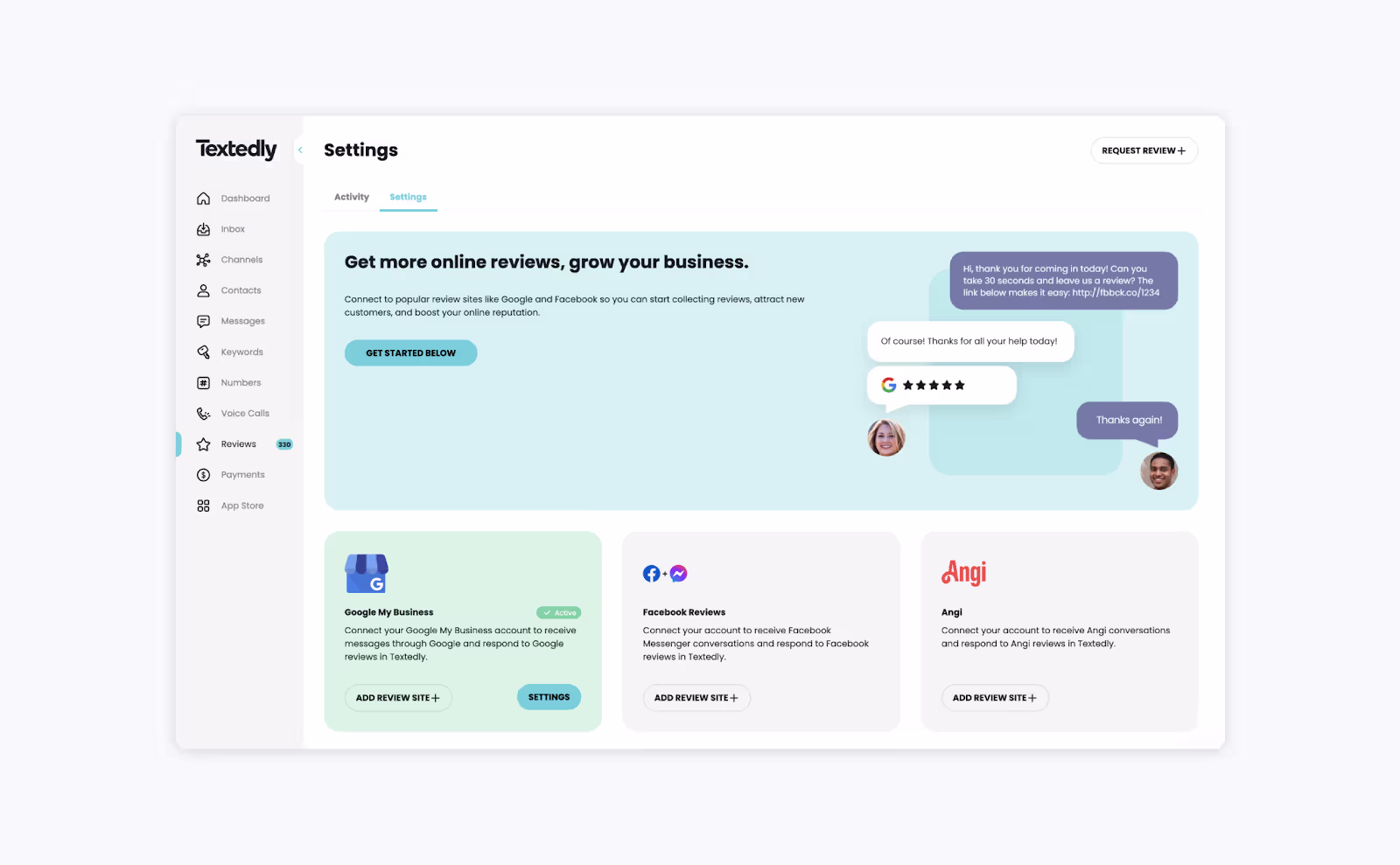 Textedly's dashboard inside of the Reviews tab