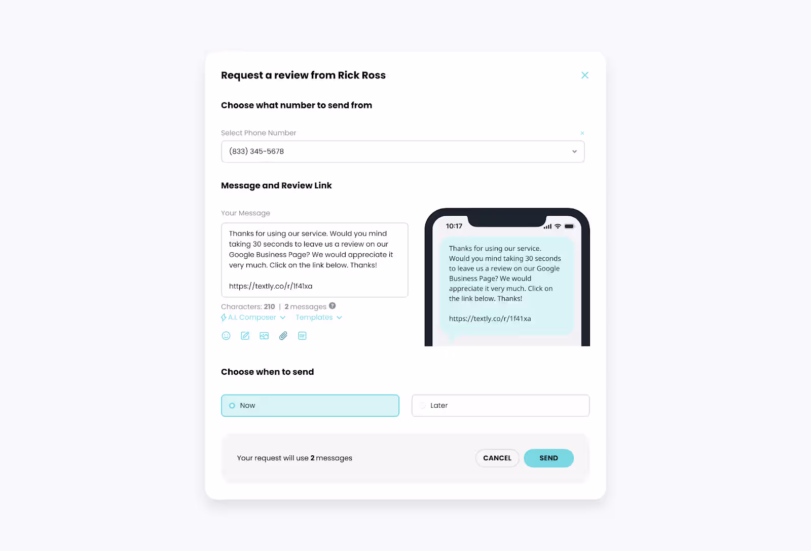 Pop-up for requesting a review.