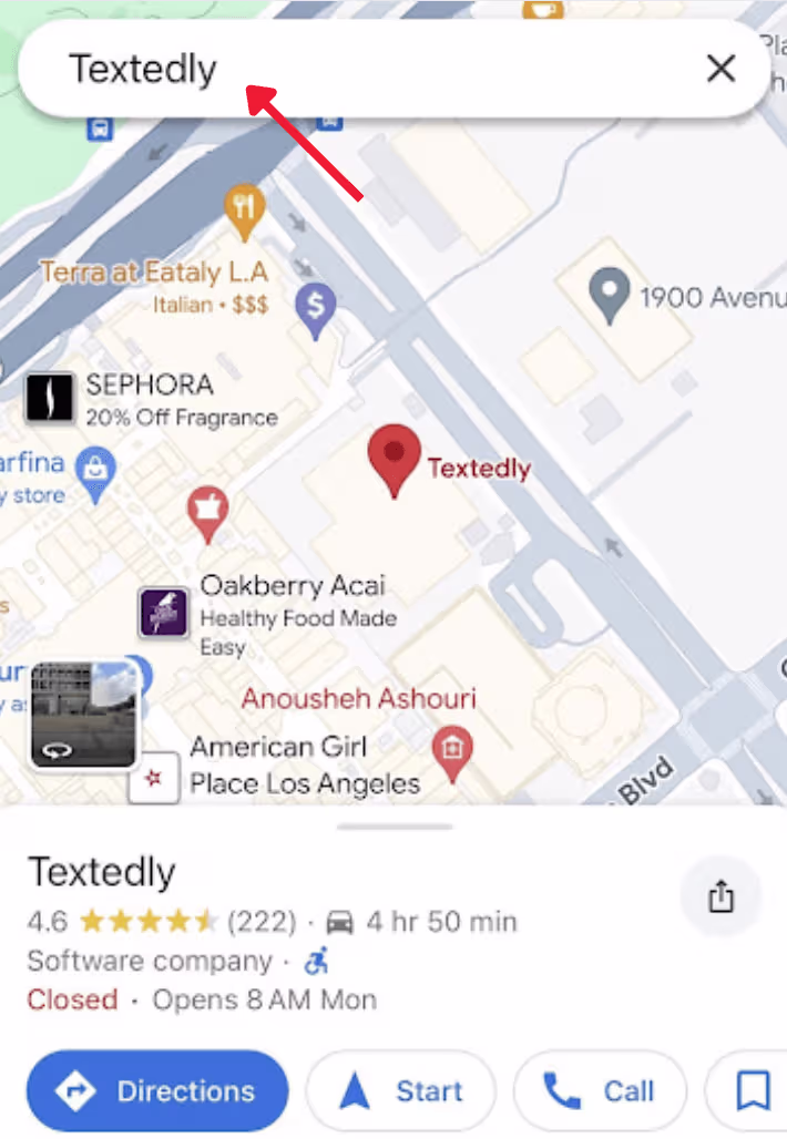 a visual showing how to leave a google review on your smartphone. Google Maps is open and "Textedly" is typed into the maps search bar