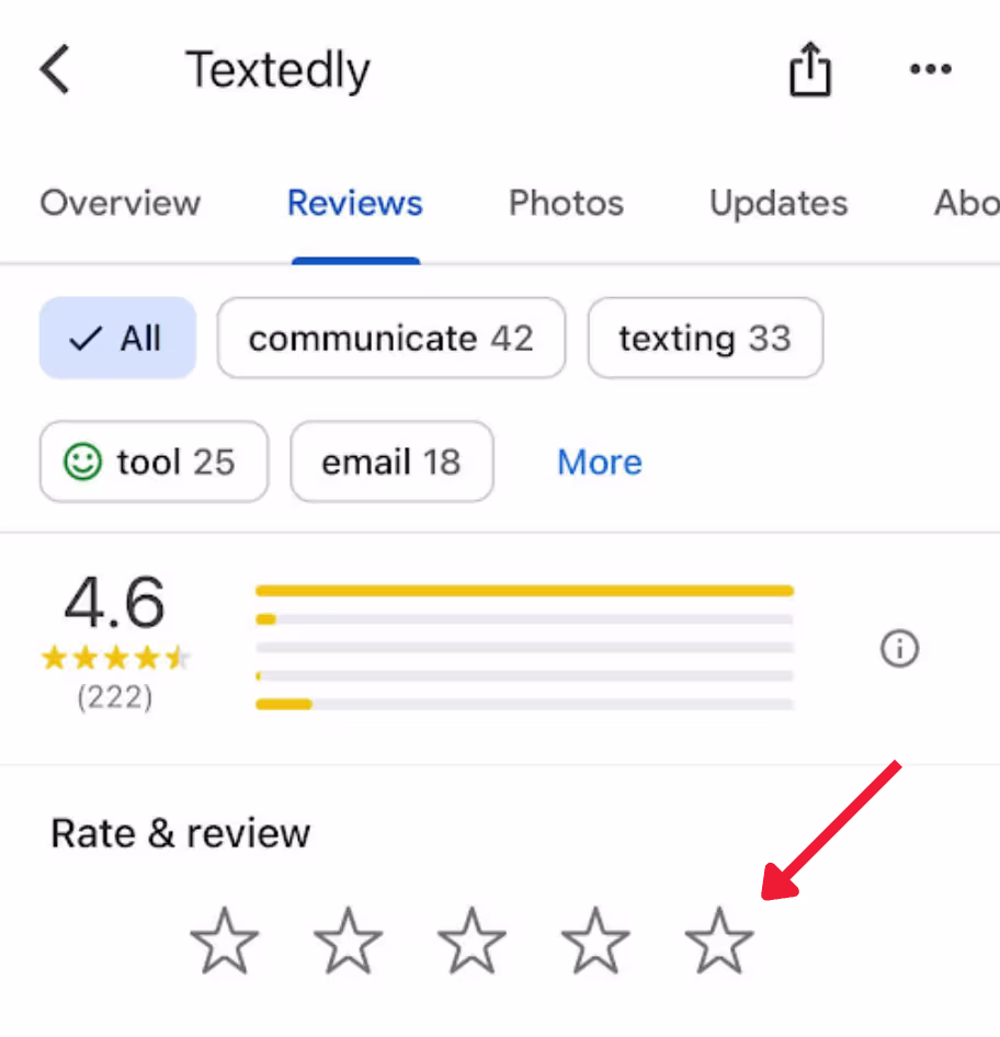 a visual showing the smartphone view of Textedly's Google Business profile with the "reviews" tab selected