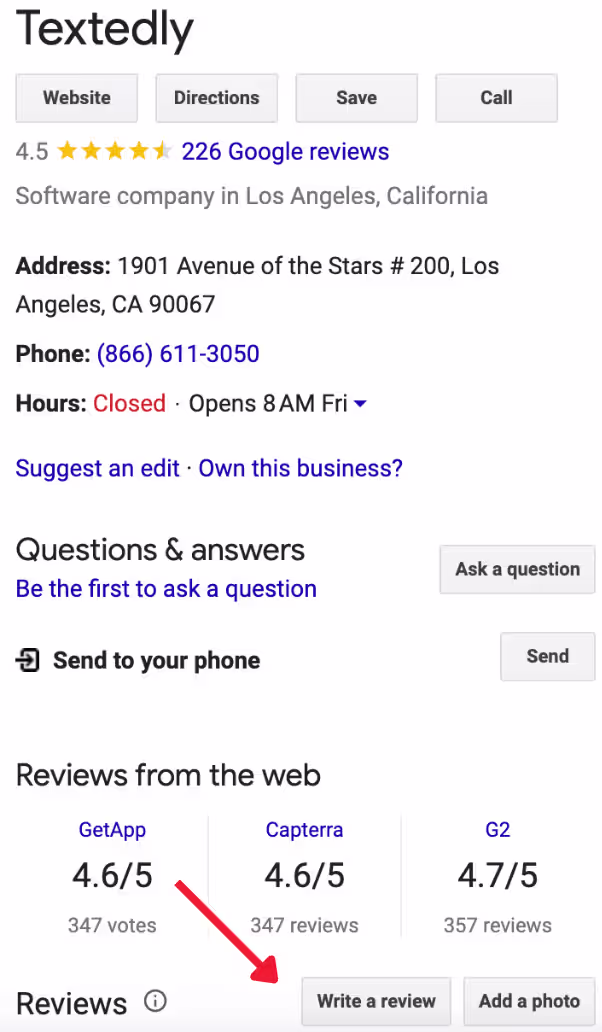 an image showing Textedly's Google Business Profile to show how to leave a Google review using your web browser