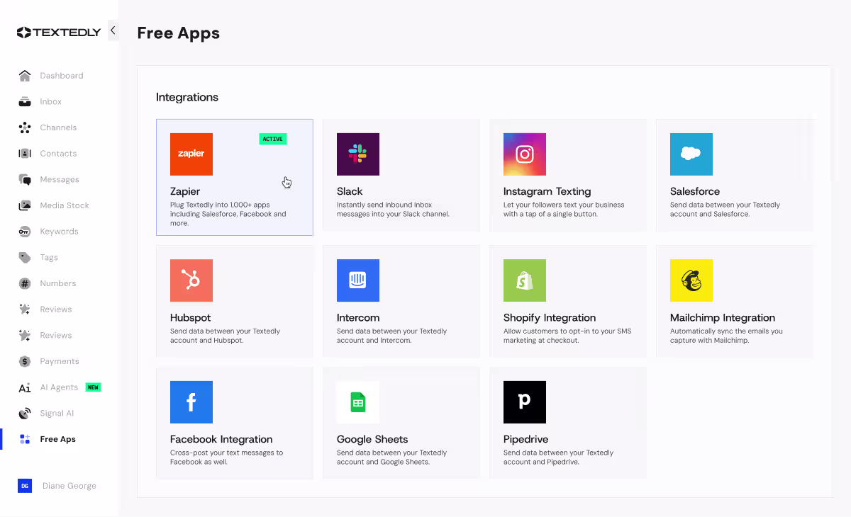 Textedly's dashboard with the Free Apps tab opened hovering over the Zapier integration.