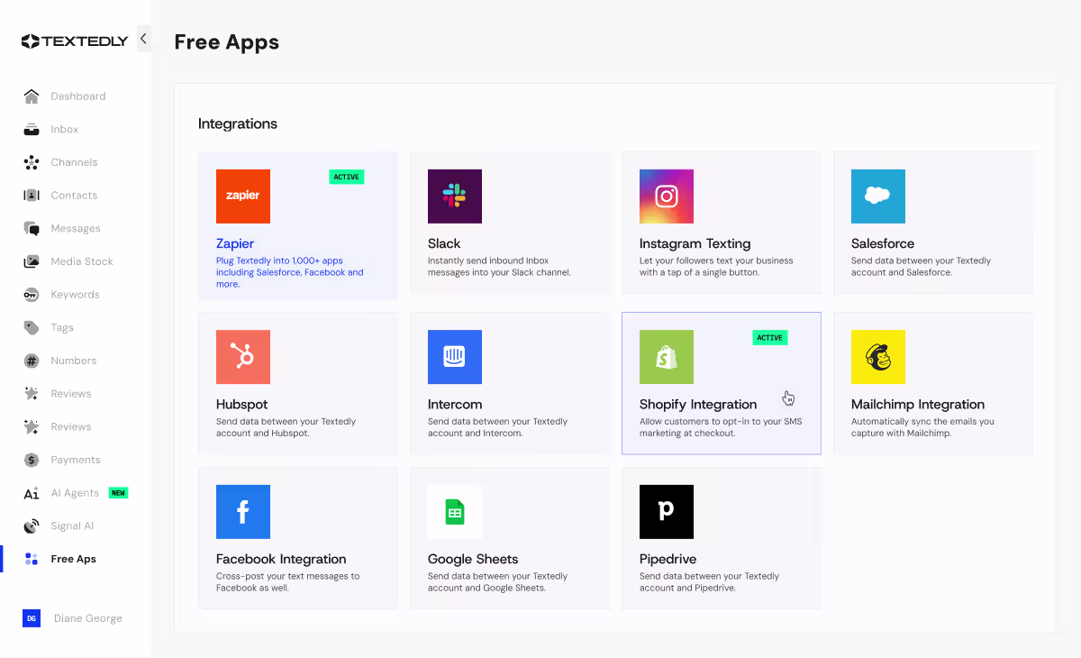Textedly's dashboard with the Free Apps tab opened hovering over the Shopify integration.