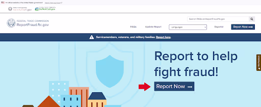 A screenshot of the FTC website where you can report spam text messages.