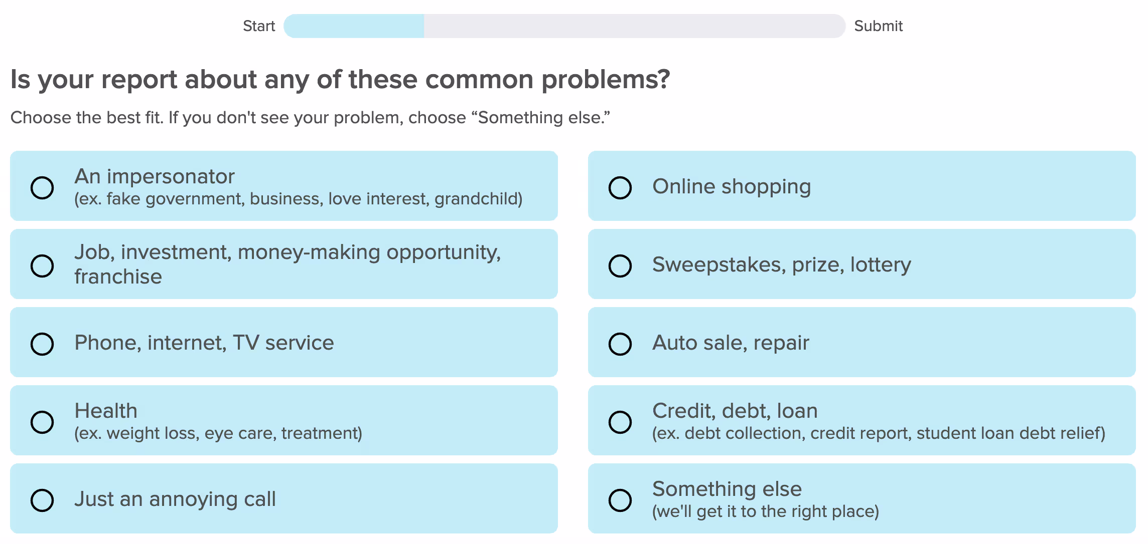 A preview of the questions you'll be prompted to answer on the FTC website while reporting spam texts.