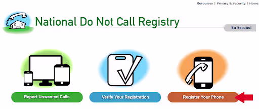 A screenshot of the options on the Do Not Call Registry website.