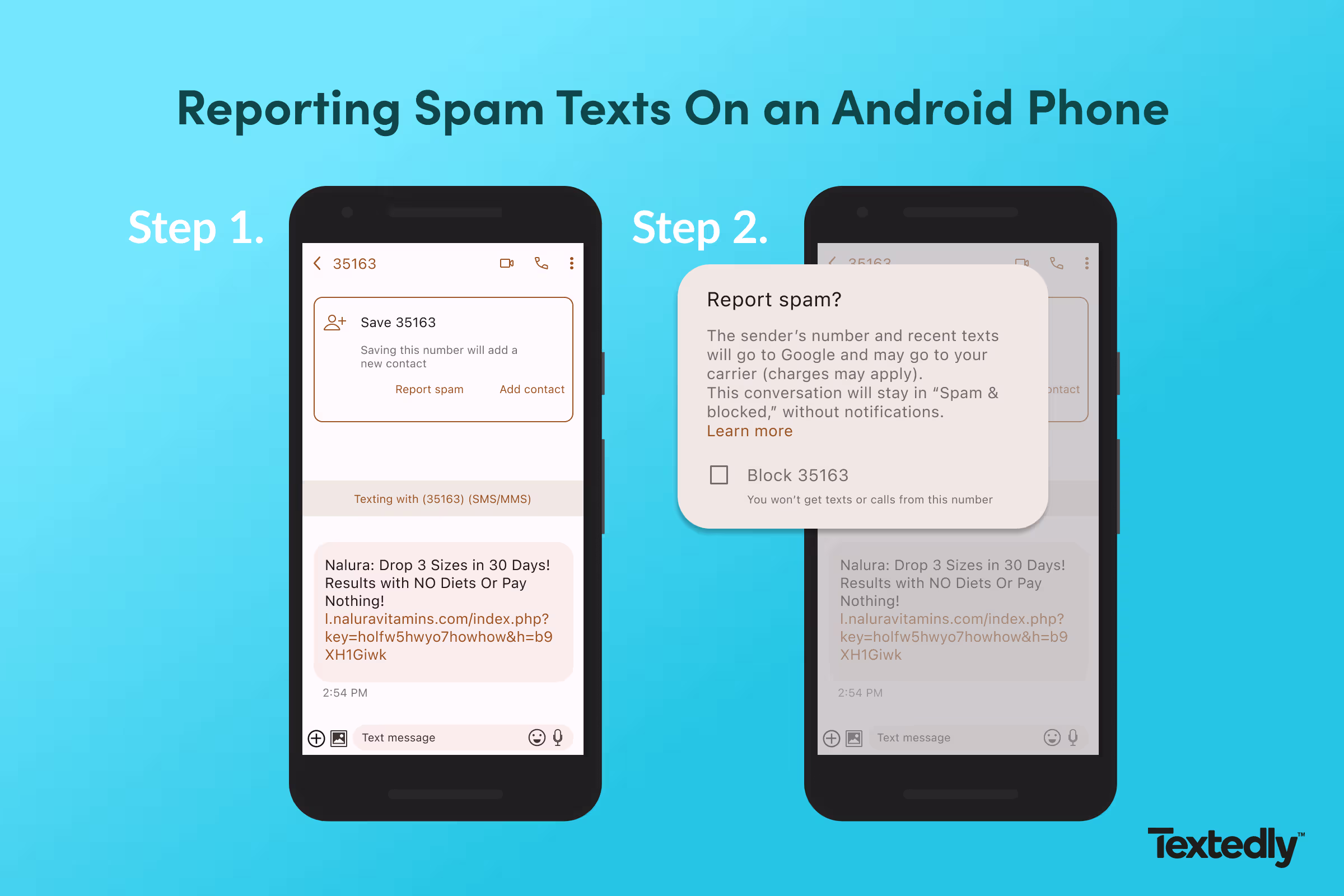 Image showing how to filter and block spam text messages on an android device.