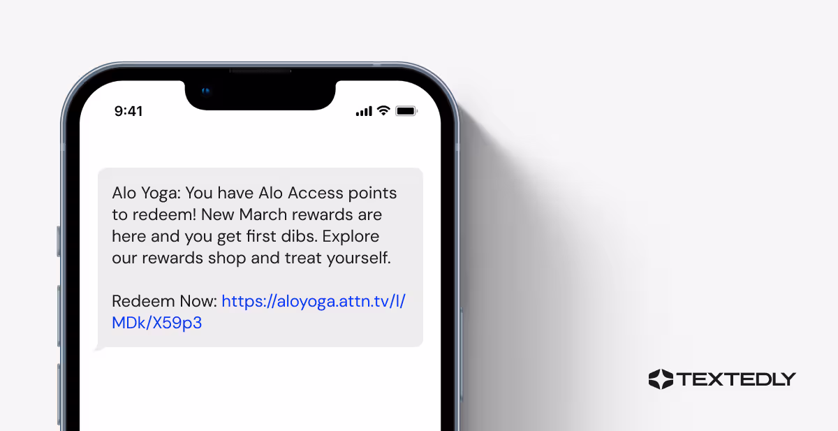 A real-life SMS marketing example from Alo Yoga.