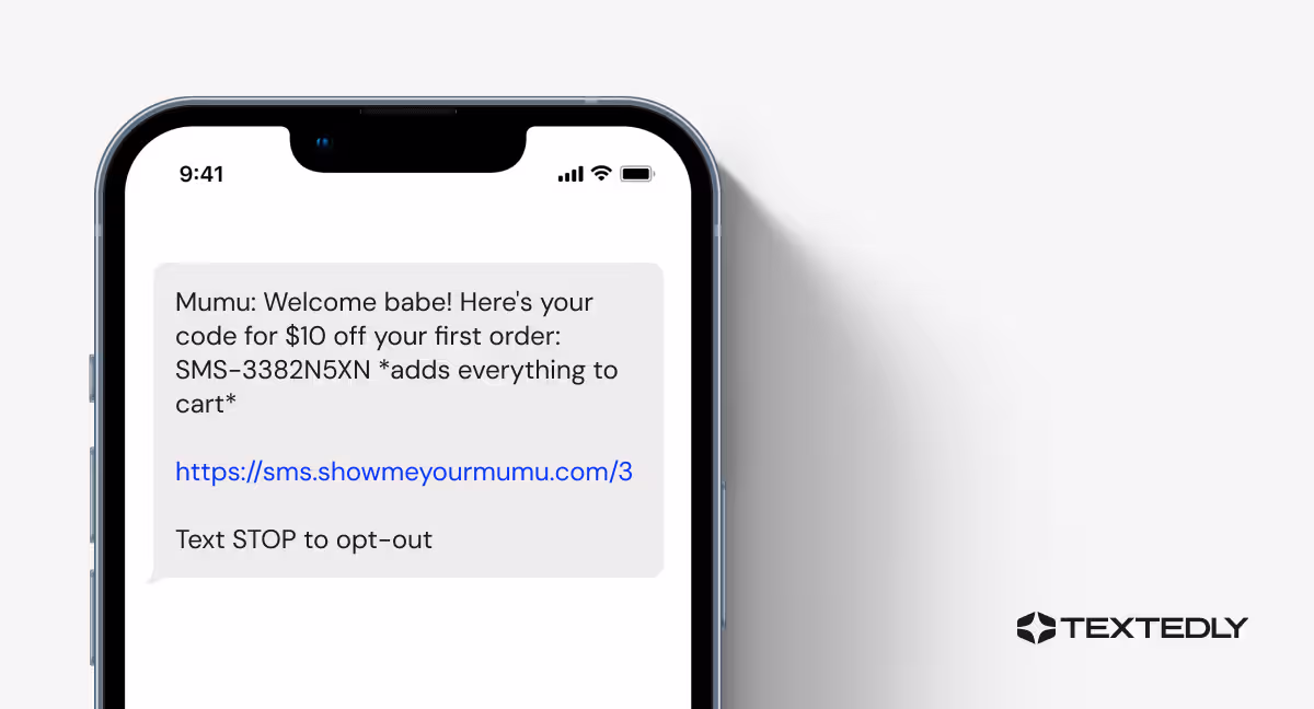 A welcome discount SMS marketing example from Mumu.