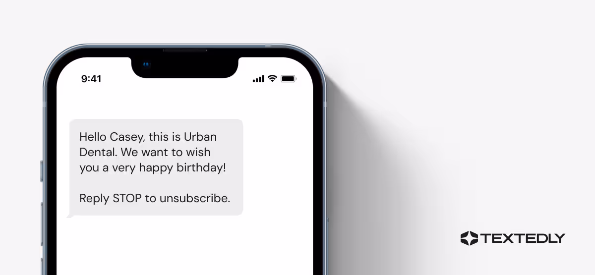 A birthday text message from Urban Dental.
