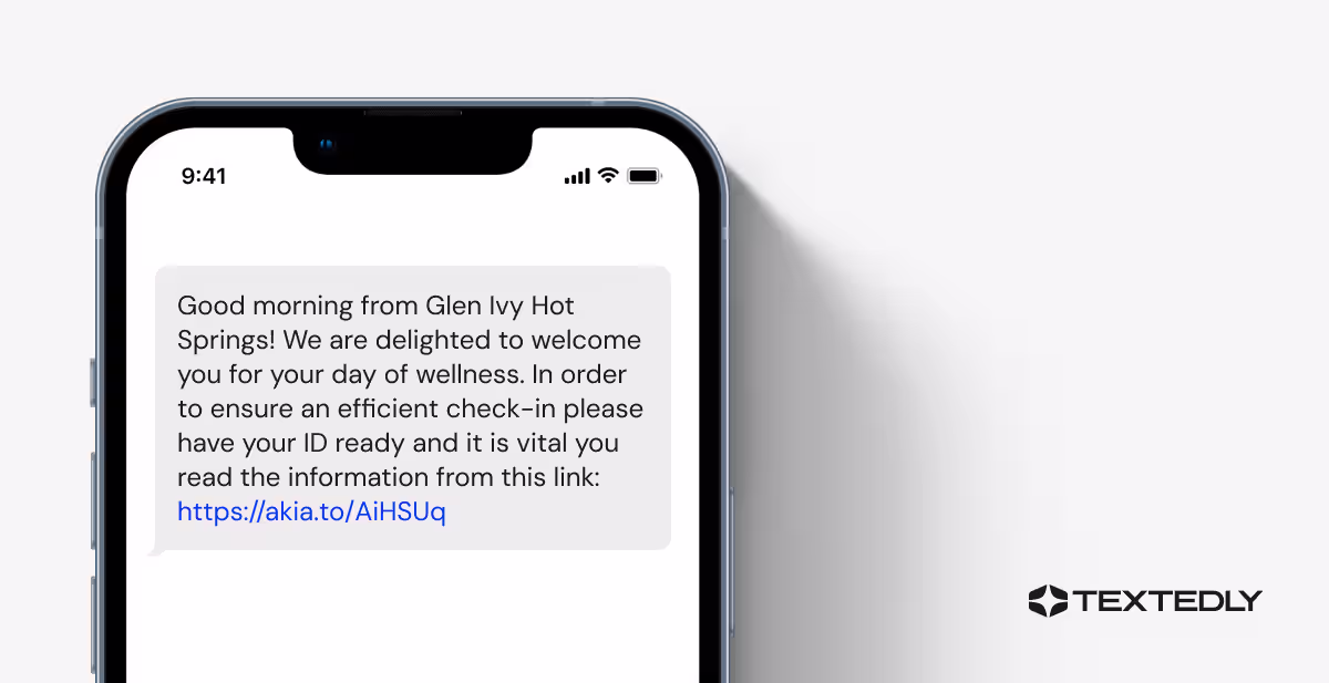 An itinerary alert text message from Glen Ivy Hot Springs.