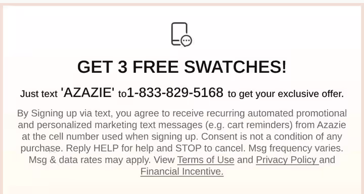 An SMS marketing opt-in campaign from Azazie.