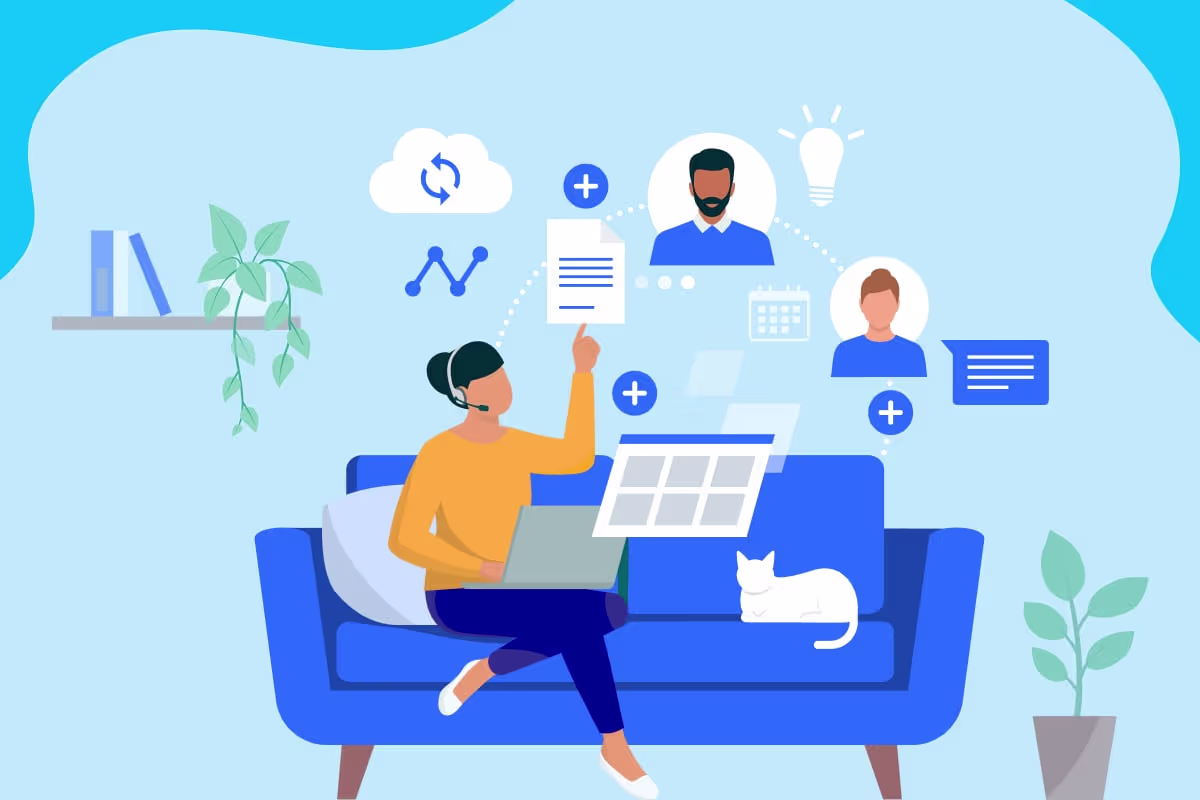 Woman on couch surrounded by voip texting icons.