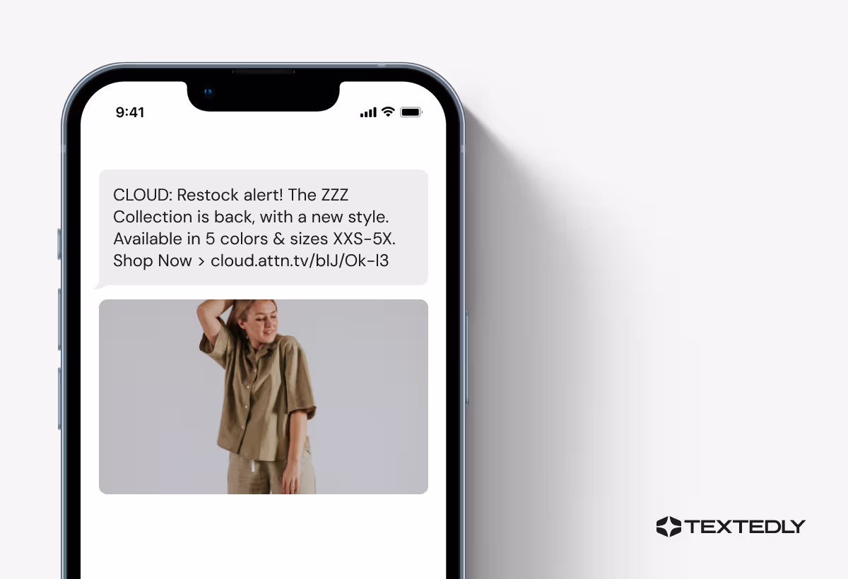 A restock MMS marketing text example.