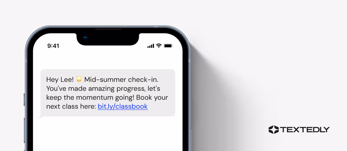 A motivational text message with booking encouragement for gyms.