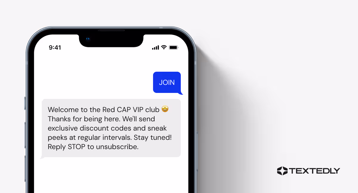 A visual example of a text-to-join keyword SMS exchange.
