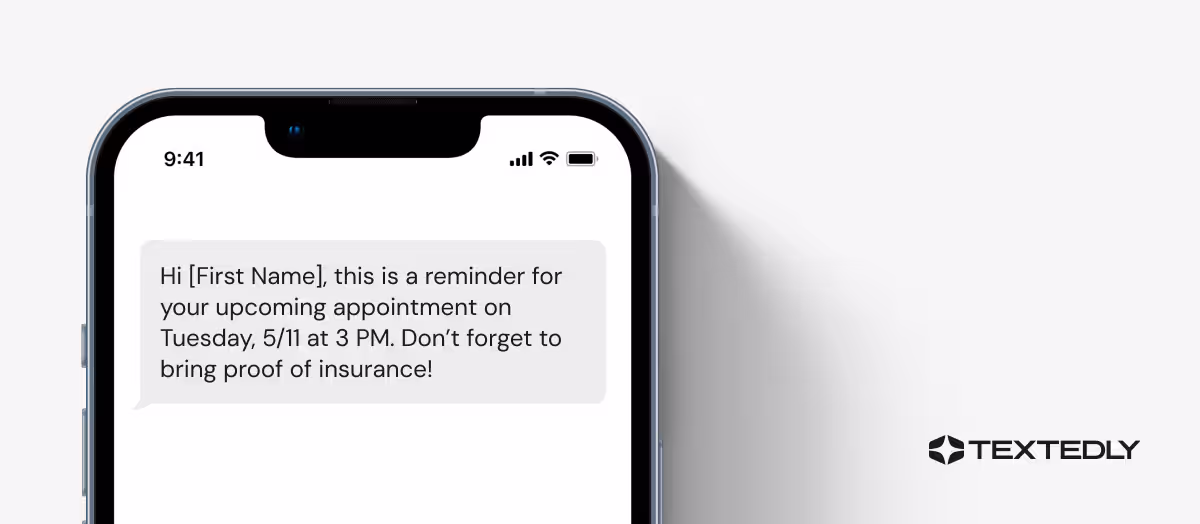 Appointment confirmation text message example for automotive.