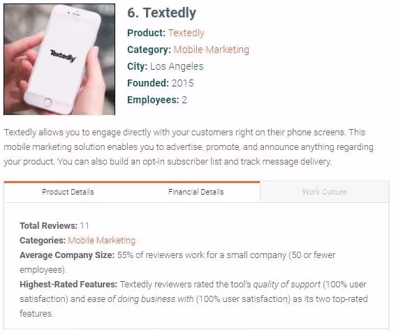 Textedly product listing card showing company details, category, and top-rated features.