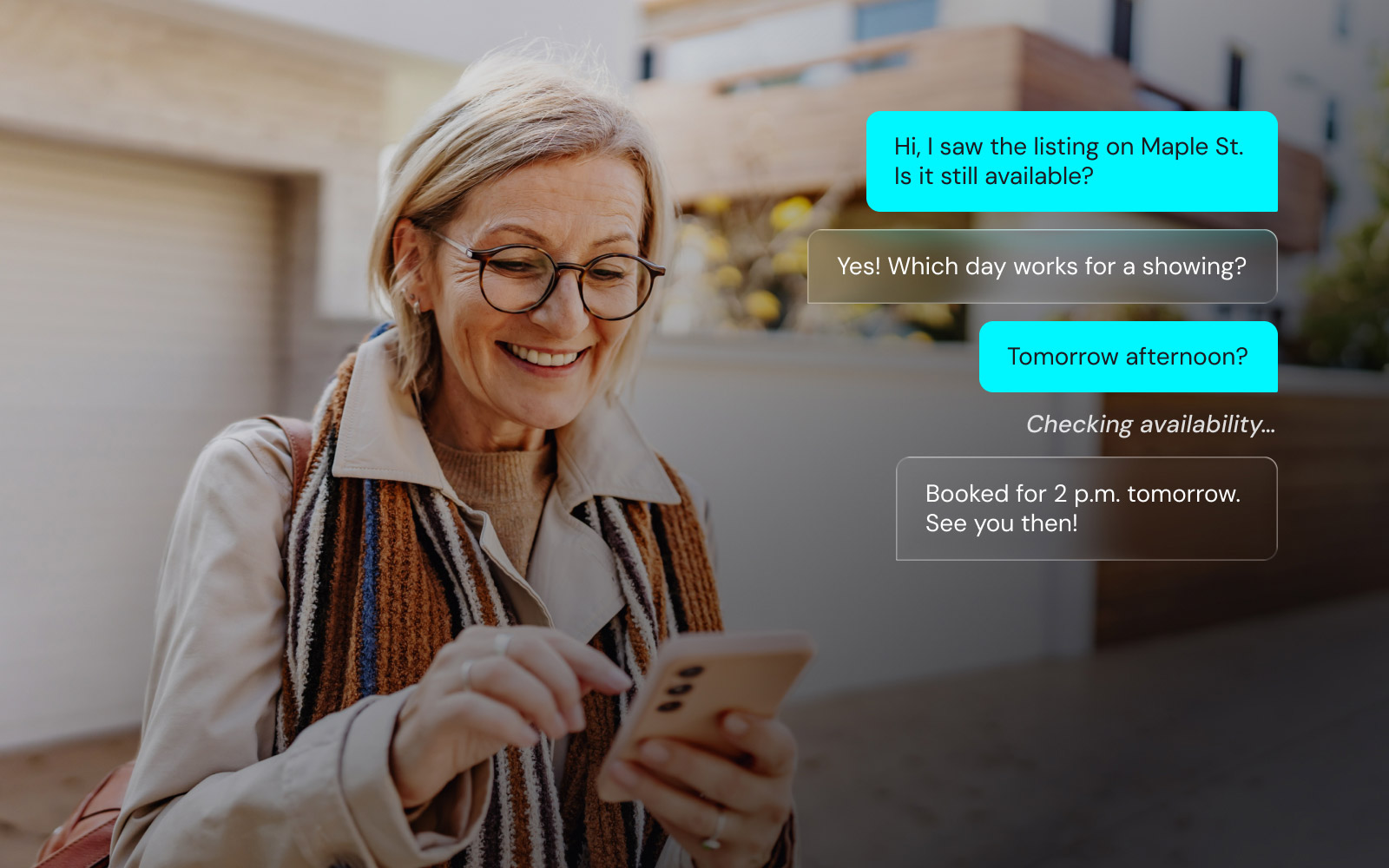 Example text conversation showing an AI agent booking a real estate showing