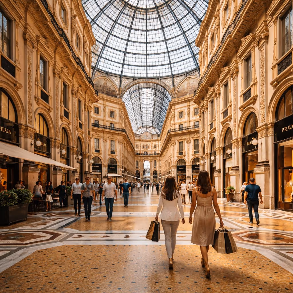 Historic shopping gallery with luxury stores in Milan city center